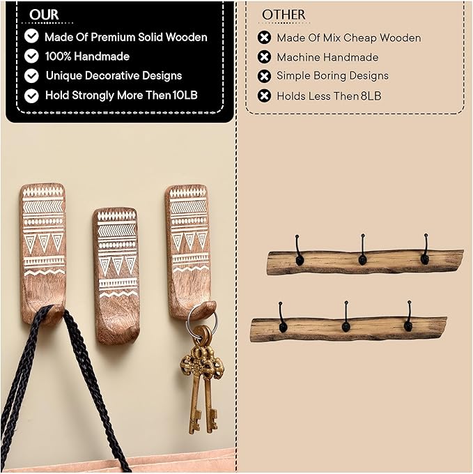 IndianShelf 10 LB- 12 Pieces Decorative Wood Adhesive Wall Hooks–Boho Peel and