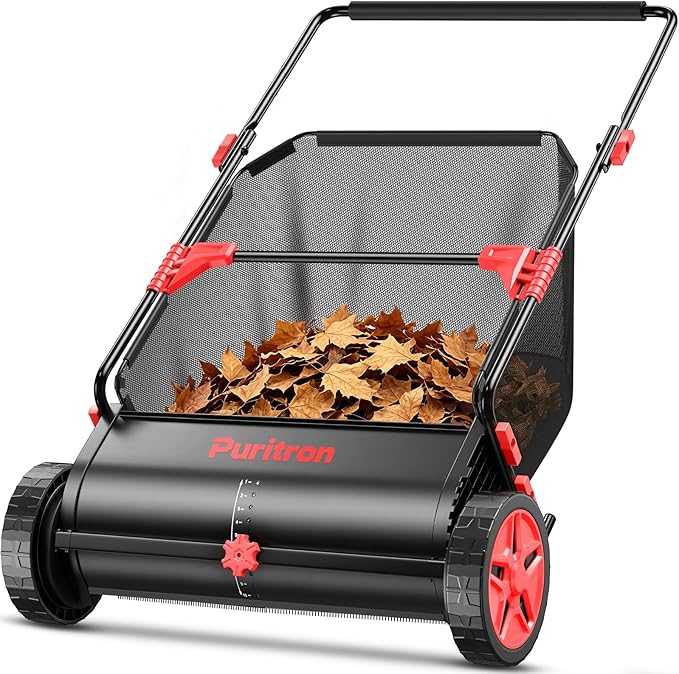 Push Lawn Sweeper, 26 Inch Leaf & Grass Collector, Strong Rubber Wheels & Heavy Duty Thickened Steel Durable to Use with Large Capacity 7 ftÂ³ Mesh Collection Bag, 4 Spinning Brushes