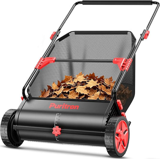 Push Lawn Sweeper, 26 Inch Leaf & Grass Collector, Strong Rubber Wheels & Heavy Duty Thickened Steel Durable to Use with Large Capacity 7 ftÂ³ Mesh Collection Bag, 4 Spinning Brushes