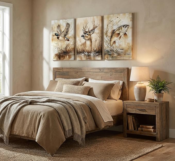 3Pcs Rustic Outdoor Wildlife Canvas Wall Art,Watercolor Deer Duck And Fish Wall Decor Pictures,Vintage Farmhouse Hunting Posters Prints,for Living Room Bathroom Kitche Home Decoration