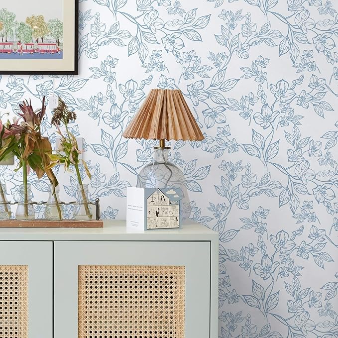 Ismoon Vintage Floral Peel and Stick Wallpaper White and Blue Wallpapaer