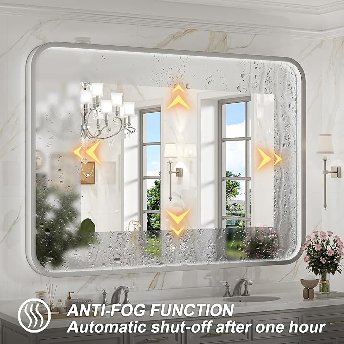 LED Bathroom Mirror with Lights, 43x36 Inch Brushed Silver Framed Lighted