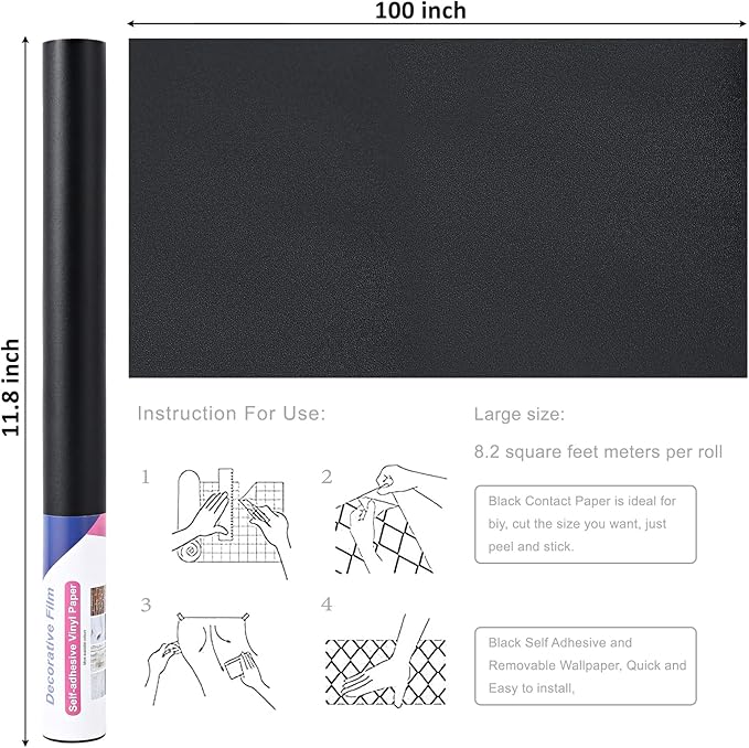 Arthome 11.8''x100'' Black Contact Paper, Self Adhesive Wallpaper Waterproof