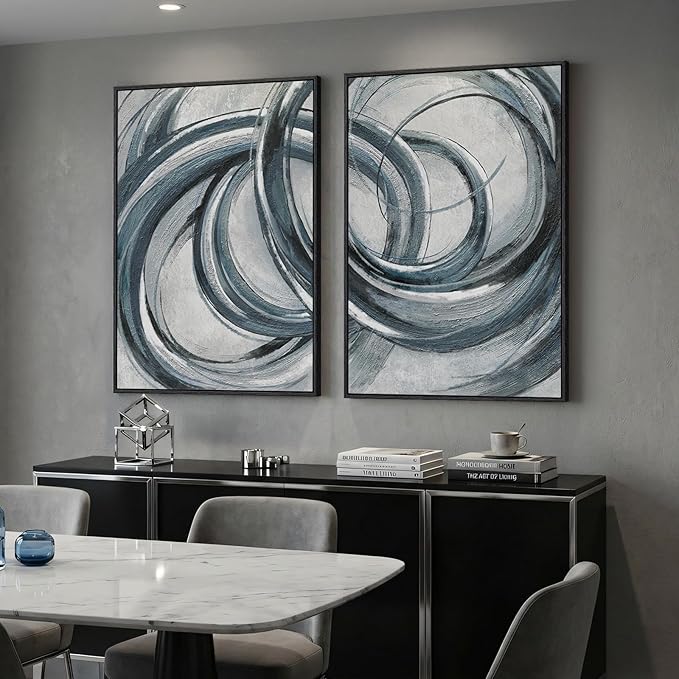 Framed Blue Gray Abstract Wall Art Set of 2, Modern Circle Line Canvas Artwork