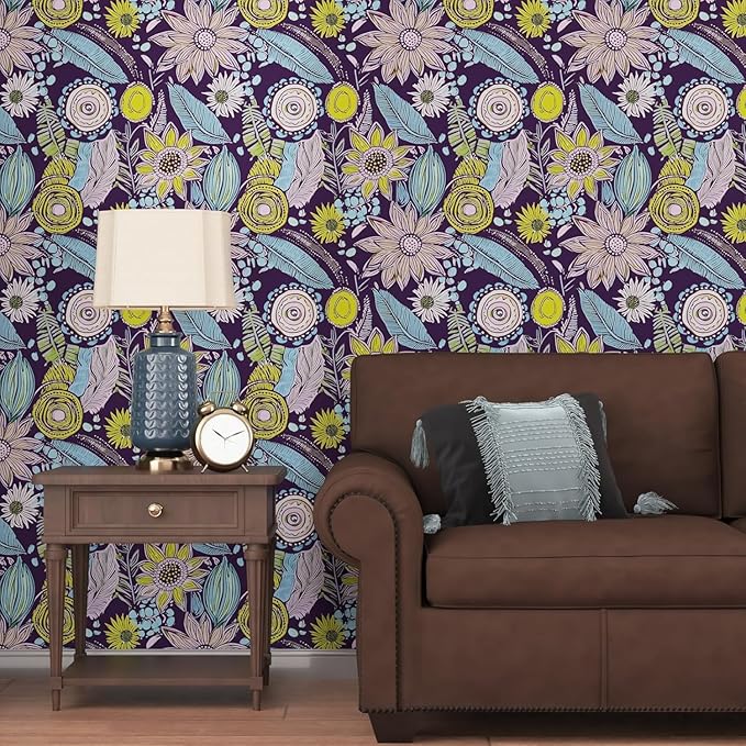 Purple Boho Wallpaper Peel and Stick, Vintage Yellow Floral Contact Paper 17.5"