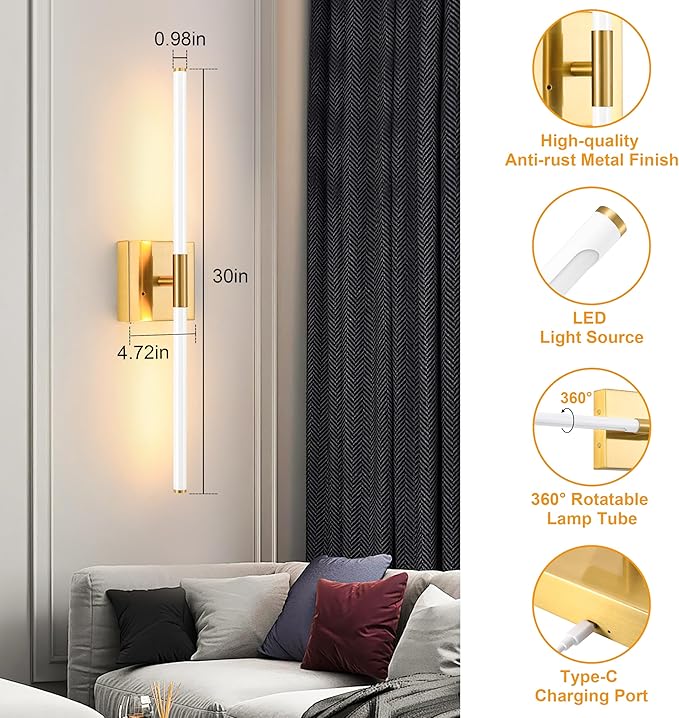 Morauroral 30 Inch White Gold Battery Operated Wall Sconces Set of 2, Dimmable