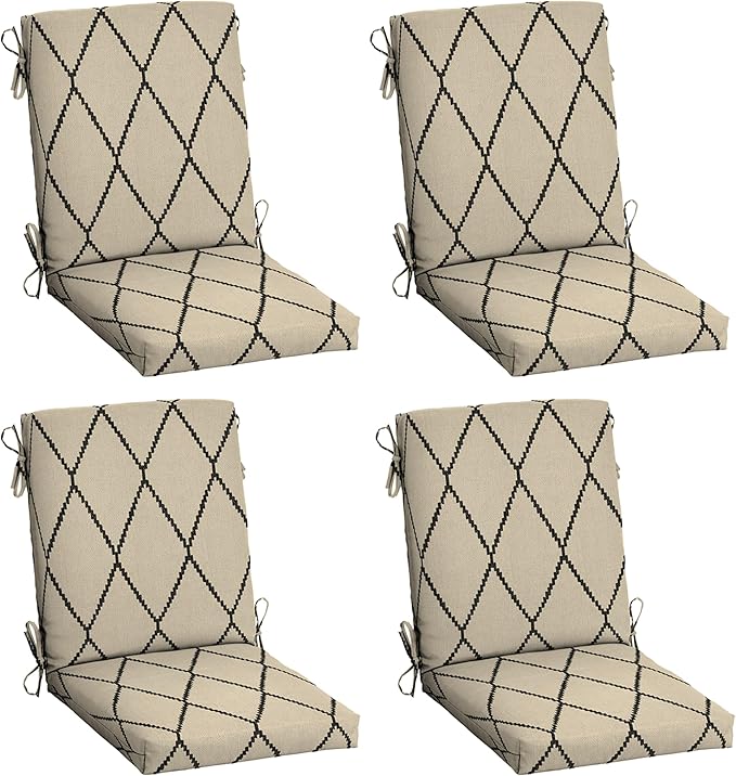 Arden 4-Pack Outdoor Patio Dining Chair Cushion, 20x44, Rain-Proof Seat Pad, Fade-Resistant Outdoor Cushion Tan Diamond Trellis