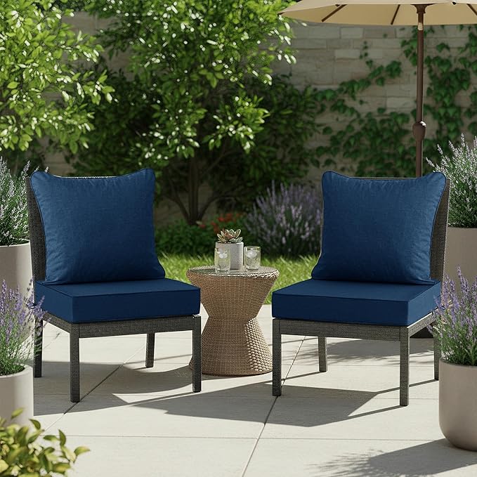 Summsun Outdoor Chair Cushions, Faux Linen Backrest and Deep Seat Cushion Set for Patio Furniture with Weather Resistant Removable Cover, Ties, Non-Slip Bottom, 22 x 22 Inch, Navy, Set of 2