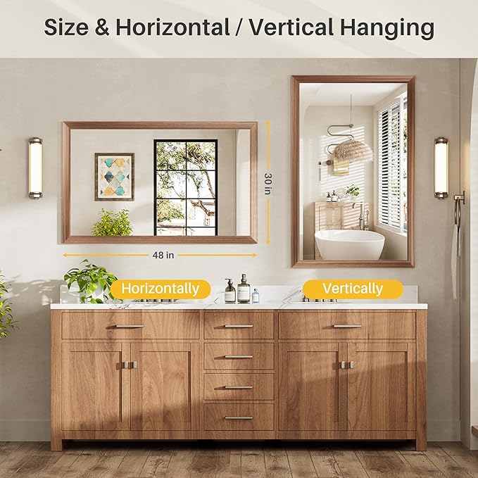 48x30 Inch Bathroom Mirror for Wall, Anti-Rust Walnut Wood Grain Metal Framed