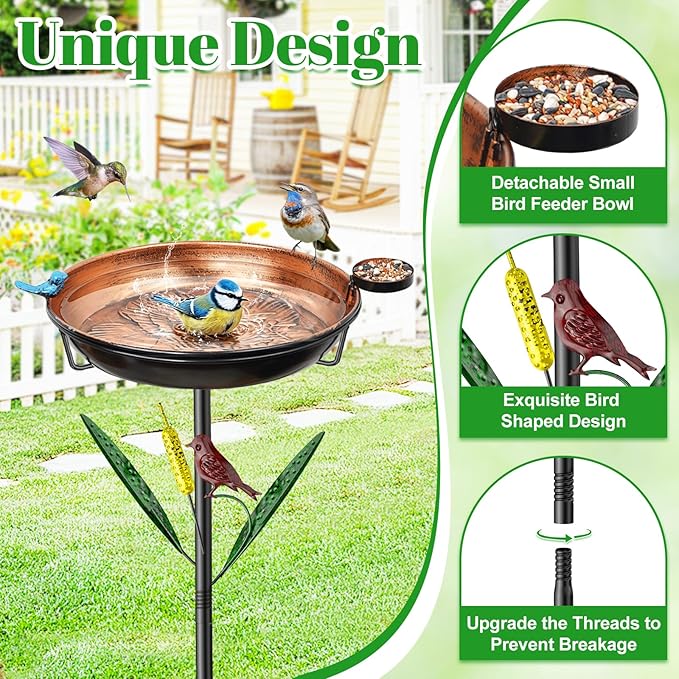 2-in-1 Bird Baths for Outside, 11.8" W Metal Bird Feeder Water Bowl with 5 Prongs Base, 33.5" Vintage Freestanding Garden Birdbaths for Outdoors Patio Yard Lawn Art Decor