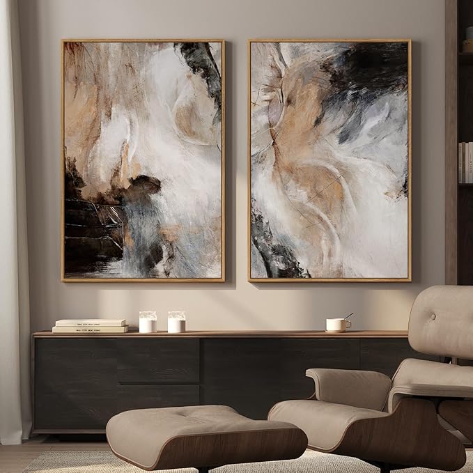 Large Framed Neutral Abstract Set of 2 Wall Art