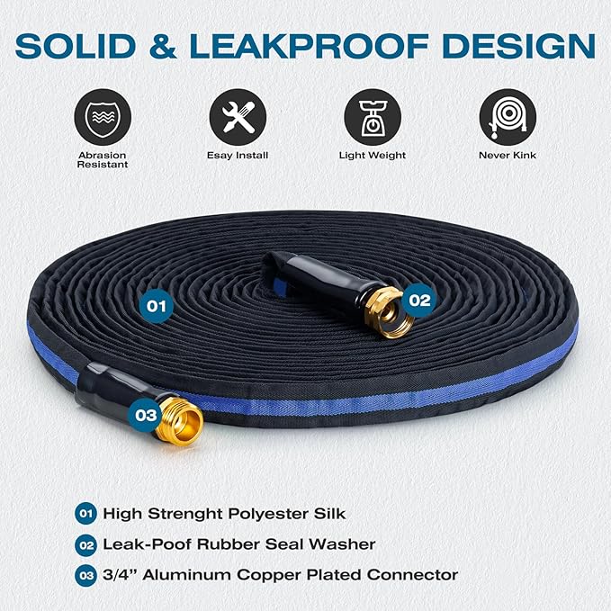 Ultra Lightweight 75FT Garden Hose - Heavy-Duty Kink-Free Flexible Hose, Non-Expanding Design with Aluminum Brass Fittings, Crush-Proof for Yard/Lawn/Outdoor Use(black-blue, 75 FT)