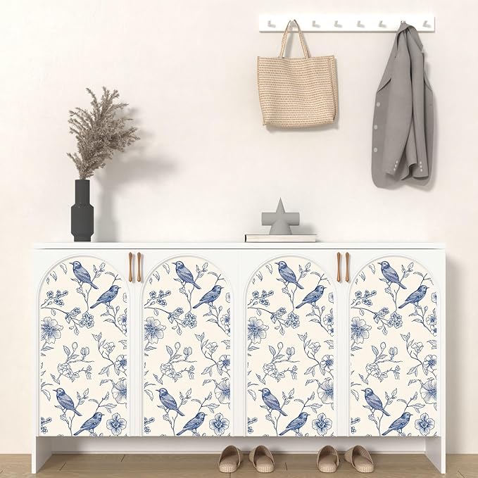 Beige Wallpaper Peel and Stick Blue Floral Bird Vintage Contact Paper 17.5" x