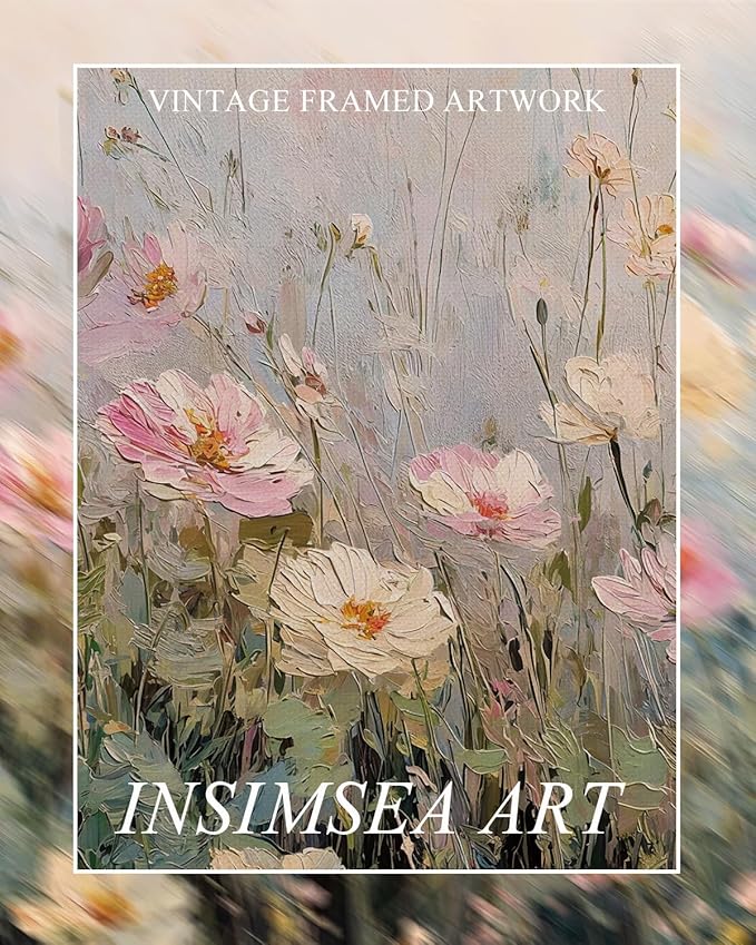 InSimSea Extra Large Framed Vintage Wall Art, Living Room Country Farmhouse Decor, Spring Wildflowers Field Landscape Canvas Prints, Retro Scenery Long Pictures for Bedroom Above of Bed,20x40inch