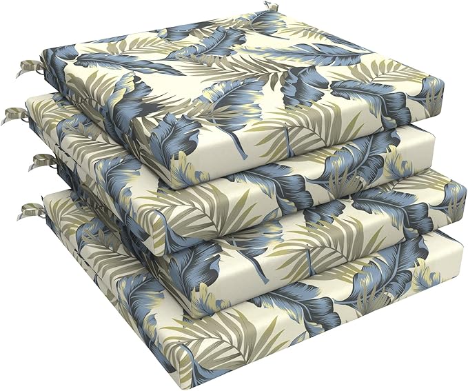 LVTXIII Outdoor Seat Cushions Seasonal Replacement Chair Cushions, Patio Chair Pads with Ties for Dining Chairs and Garden Furniture, Square Back, 19"x19"x2", 4 Pack, ‌Lush Palm Blue