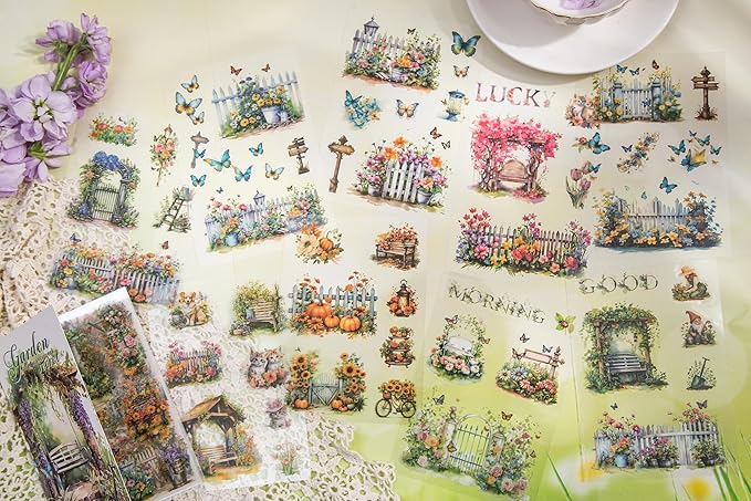 Knaid Scenery Sticker Set (490+ Pieces, 80 Sheets) 4 Pack Sticker Books Blooming Windows, Garden Houses, Enchanted Forest, Garden Fences Journaling Stickers for Scrapbook Bullet Junk Journals Planner