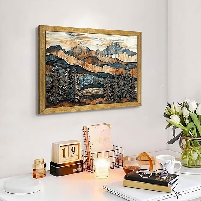 Vintage Boho Mountain Wall Art, Framed Landscape Canvas Wall Art, Nature Forest