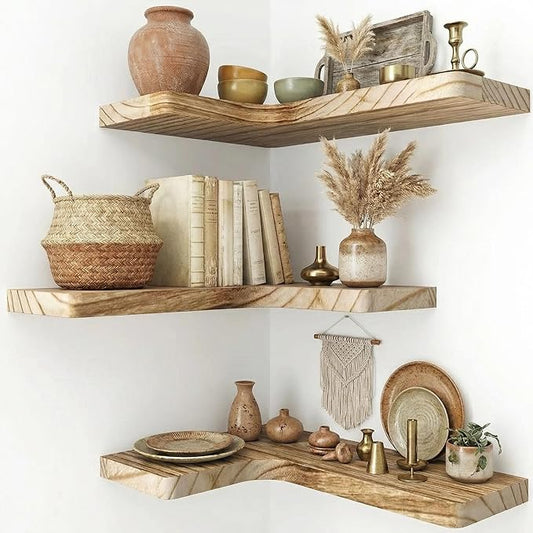 16 Inch Solid Wood Floating Corner Shelves 3 Pack