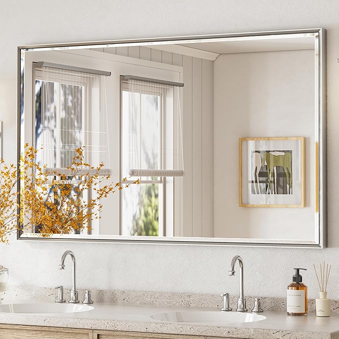 60'' x 36'' Large Beveled Silver Bathroom Vanity Mirror, Shatterproof Rectangle