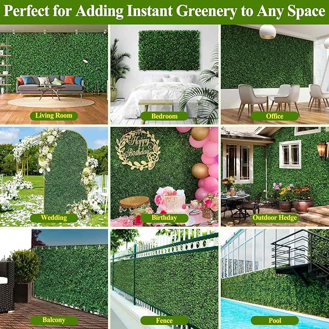 16 Pcs 10" X 10" Artificial Grass Wall Panels, UV-Resistant Fake Boxwood Panels