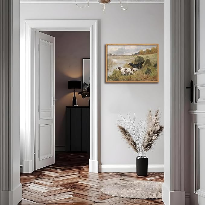 Floating Framed Vintage Hunting Dog Wall Art, Classic Countryside Landscape