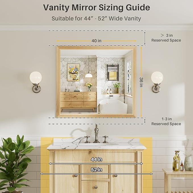 40x36 Inch Bathroom Mirror for Wall, Anti-Rust Oak Wood Grain Metal Framed