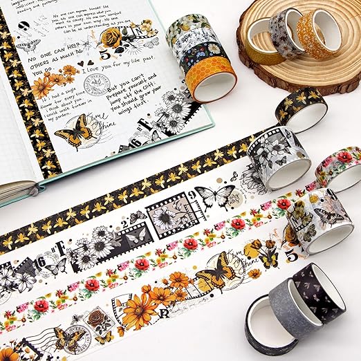 KOVANO Washi Tape Set 14 Rolls, Vintage Bee Floral Butterfly Botanical Washi Tape, Yellow Black Decorative Tapes for Scrapbooking Supplies, Junk Journal, Bullet Journaling, Art Crafts