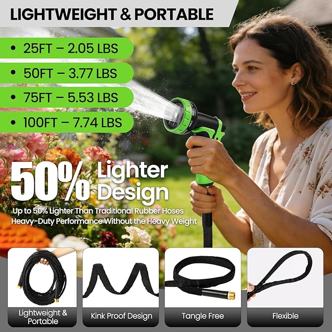 75FT Non-Expandable Garden Hose Lightweight Flexible Water Hose With Sprayer Nozzle High Pressure Kink Resistant & Leakproof Durable Portable For Yard Garden Lawn
