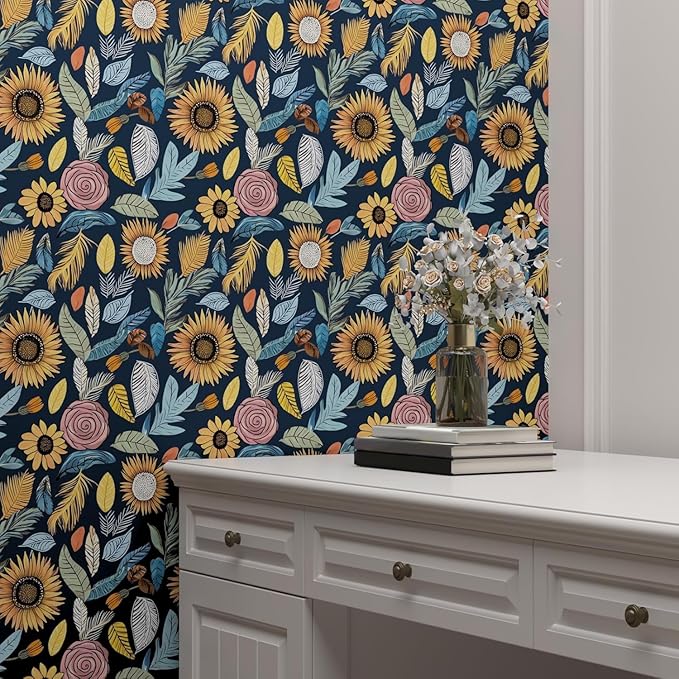 Blue Wallpaper Peel and Stick, Vintage Boho Floral Contact Paper, 17.5" x