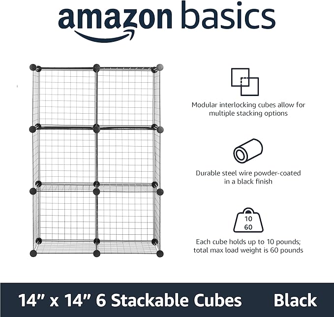 Amazon Basics 6 Cube Wire Grid Storage Organizer, Stackable Cubes, Cubby