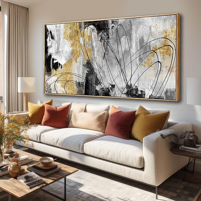 Large Canvas Wall Art Gold Abstract Paintings 29x58 Inch Wooden Framed Artwork