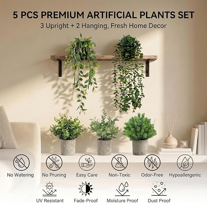 5 pcack Fake Hanging Plants for Wall Home Room Office, Small Fake Plants Decor