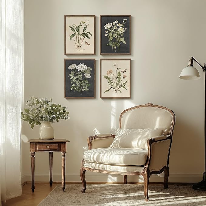Framed Botanical Wall Art, 4 Piece Vintage Farmhouse Floral Canvas Painting