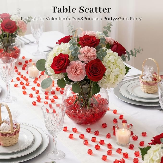DomeStar Red Fake Ice Rocks, 150PCS Acrylic Gems Crystals Plastic Diamonds Centerpiece for Vase Fillers Wedding Party Table Scatter Decorations