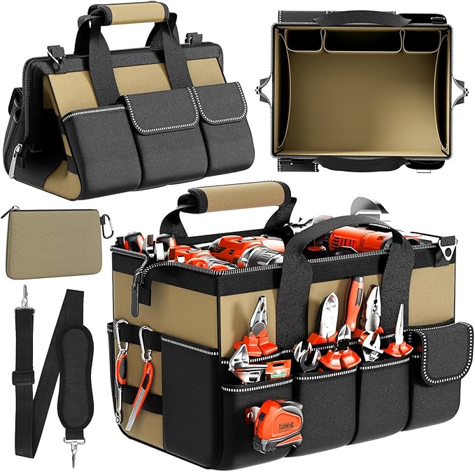 Goovilla Tool Bag 15.5 Inch with 1 Pouch | 17-Pocket Portable Tool Box Organizer Storage with Adjustable Strap, Soft Handle and Durable Zipper | Heavy Duty Tool Bags for Men, Fatherâs Day (Khaki)