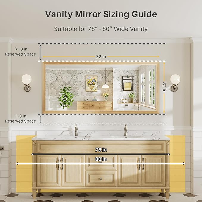 72x32 Inch Bathroom Mirror for Wall, Anti-Rust Oak Wood Grain Metal Framed