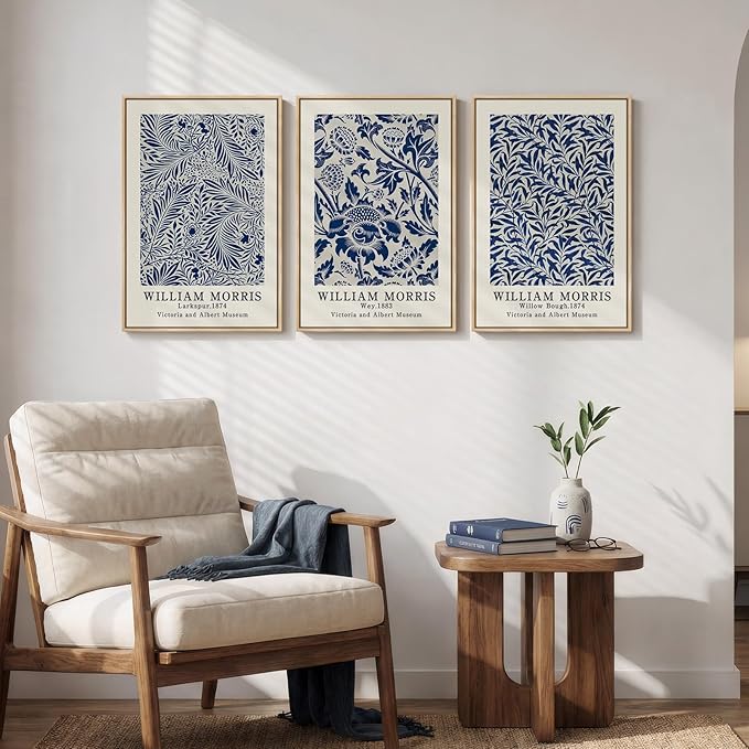 Framed William Morris Wall Art Set of 3, Large Vintage Blue Botanical Floral