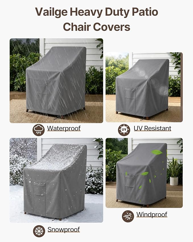 Vailge Stackable Patio Chair Cover,100% Waterproof Outdoor Chair Cover, Heavy Duty Lawn Patio Furniture Covers,Fits for 4-6 Stackable Dining Chairs,36"Lx28"Wx47"H,Grey
