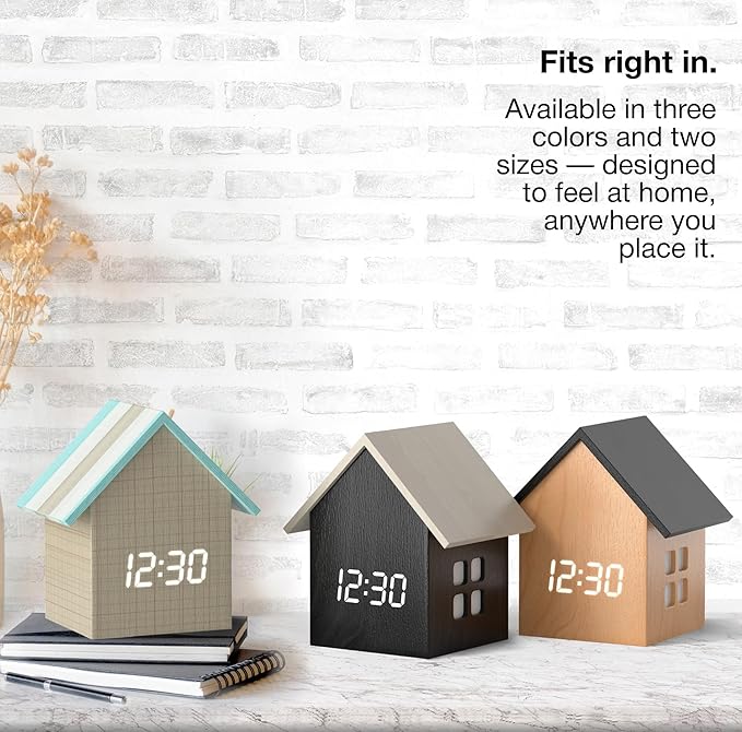 Driini Digital House Shaped Alarm Clock with Temperature Display (Dark Wood) – Modern Aesthetic with Cute Cube Frame and White LED Dimmer - Perfect Small Desk Clock for Bedside Table or Bedroom Mantle