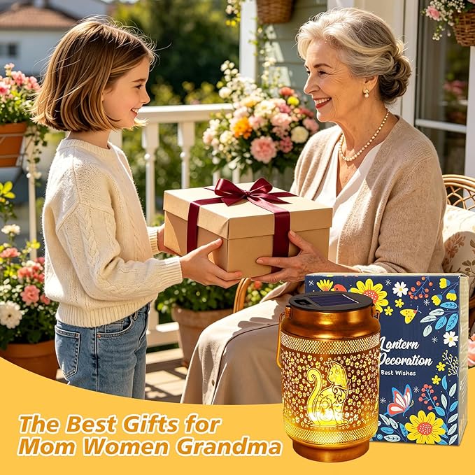 2 Pack Cat Solar Lanterns Outdoor Waterproof Solar Garden Decor, Birthday Gifts for Mothers Day Women Mom Grandma, Metal Hanging Lights with Shepherd Hook for Outside Yard Patio Pathway Backyard