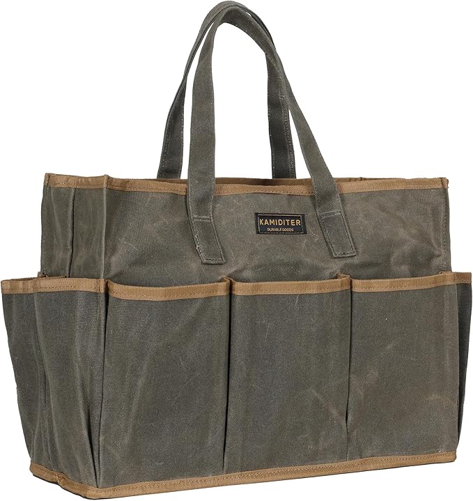 Waxed Canvas Tool Bag Tote, 14 Inch Heavy Duty Tool Organizer with 10 External Pockets & 1 Large Compartment, Army Green
