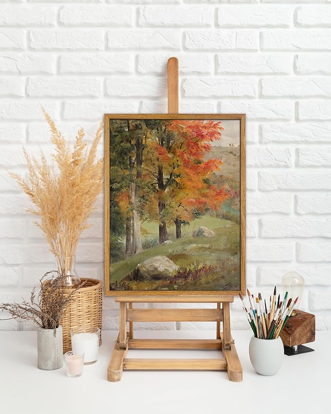 UPWOIGH Framed Wall Art,Autumn Tree Oil Painting Canvas Poster Vintage Fall Landscape Rustic Print Retro Forest Moody Wall Art Living Room Decor 8x10in