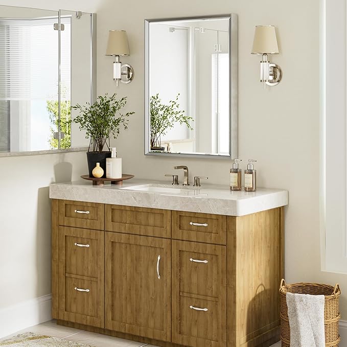 Silver Bathroom Mirror, 24x32 Inch Beveled Silver Vanity Mirror