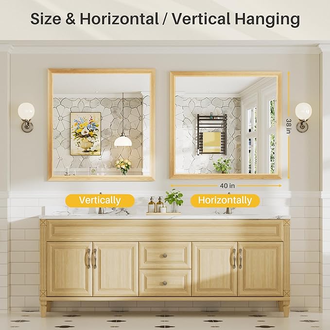 40x38 Inch Bathroom Mirror for Wall, Anti-Rust Oak Wood Grain Metal Framed