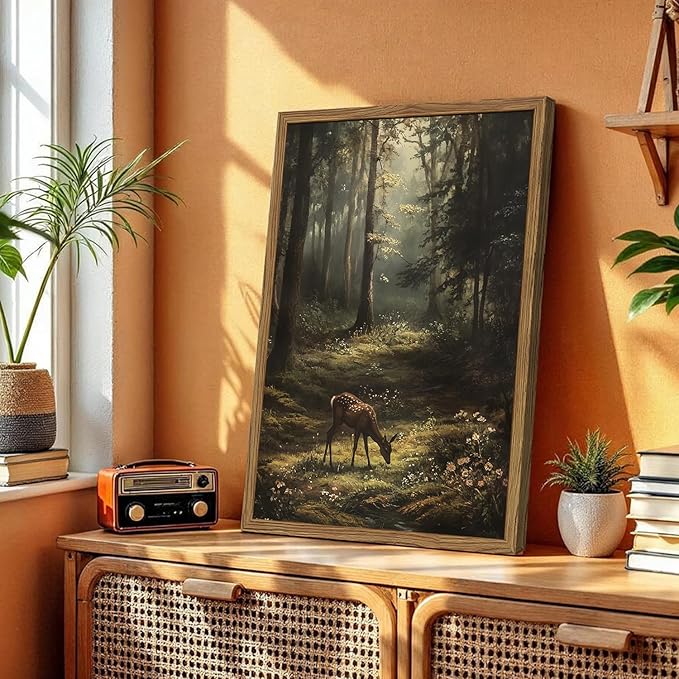 Framed Vintage Forest Deer Canvas Wall Art, Rustic Nature Landscape Paintings