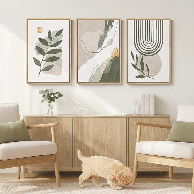 Large Framed Boho Sage Green Abstract Wall Art