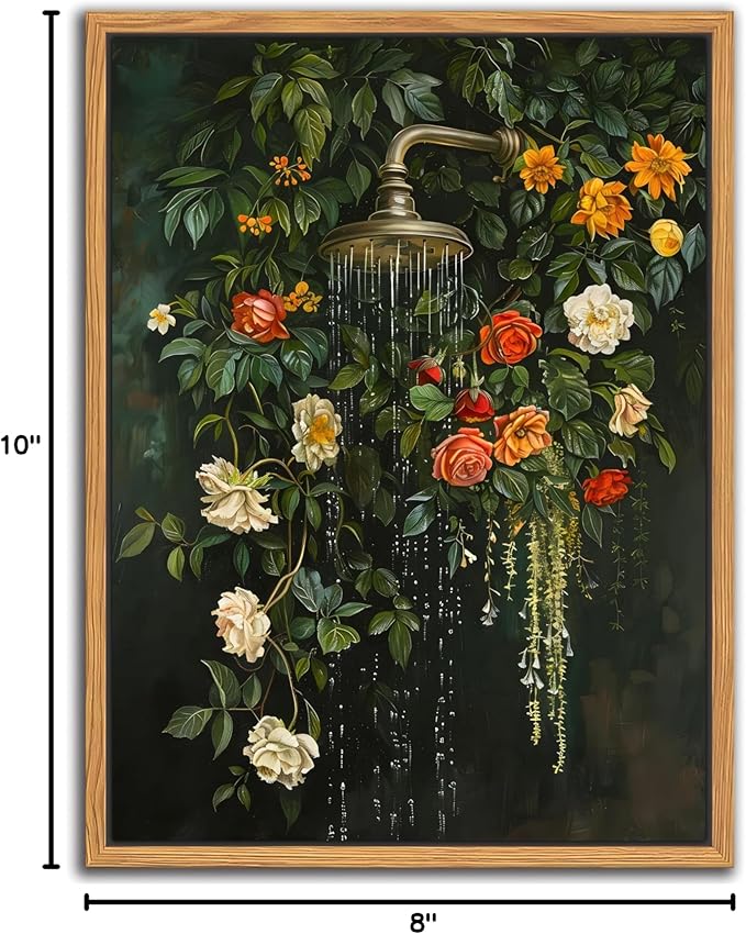 Floating Framed Floral Shower Wall Art, Vintage Botanical Flower Canvas Print