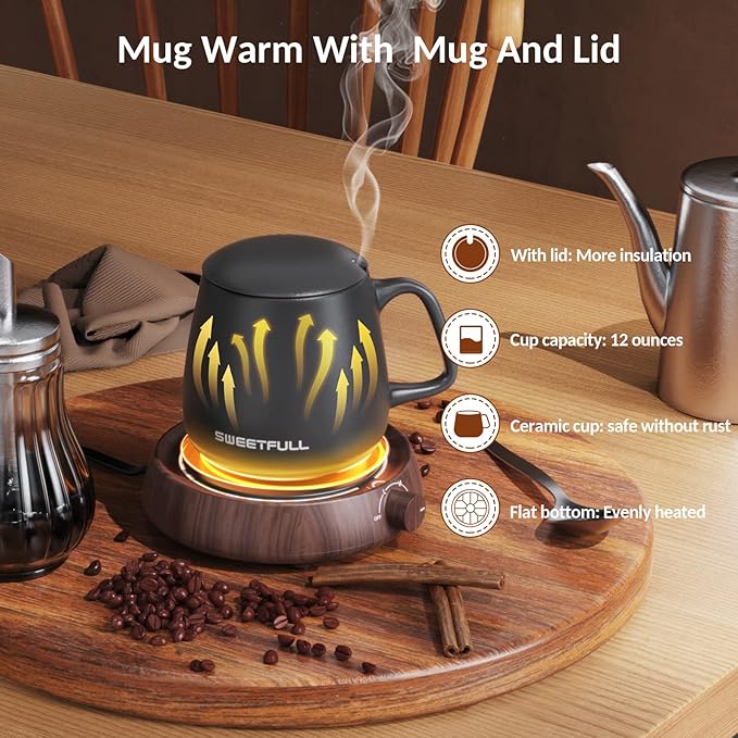 SWEETFULL Mug Warmer for Coffee and Tea Coffee Mug Warmer Set W/Mug and Lid Coffee Warmer As Coffee Gifts for Desk Office Coffee Lovers. （20W Cup Warmer Candle Warmer Auto Shut Off） (Wood Grain)