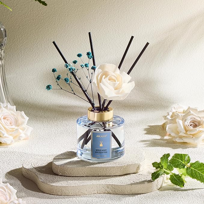 Airkeep Flower Reed Diffusers Set, 5.07 oz Wild Mint&Eucalyptus Scented Oil Diffuser with 8 Reed Sticks, Home Fragrance Diffuser Gift Set for Bathroom & Office Decor 150ml