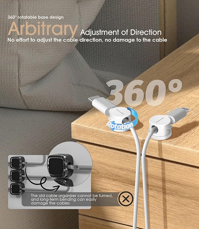 9 Pack Spring Cord Organizer Cable Clips [Locking Cable Rotatable], 2025 Latest Nearockle Phone Charging Cord Holder Cable Management for Car, Nightstand, Office Desk Accessories (White)